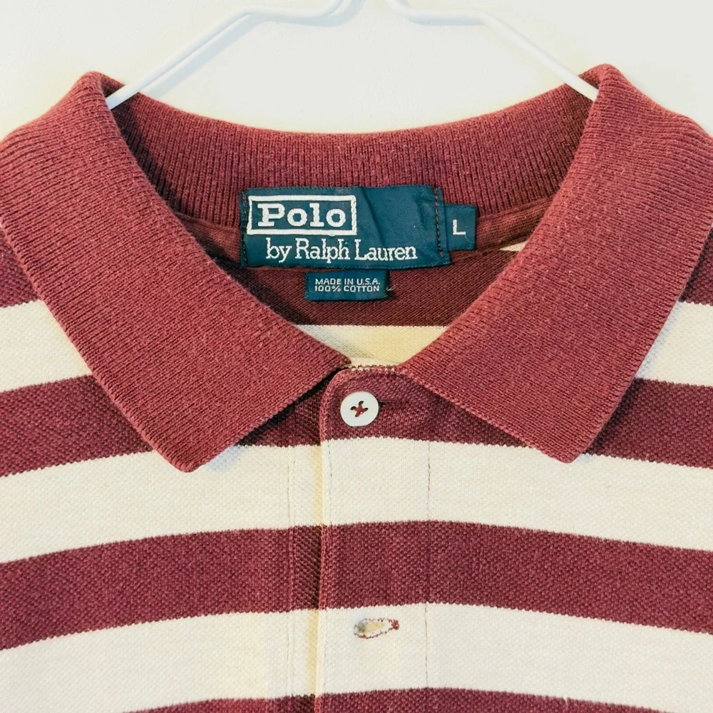 Ralph Lauren Maroon and Cream Striped Polo Vintage Short Sleeve Shirt large